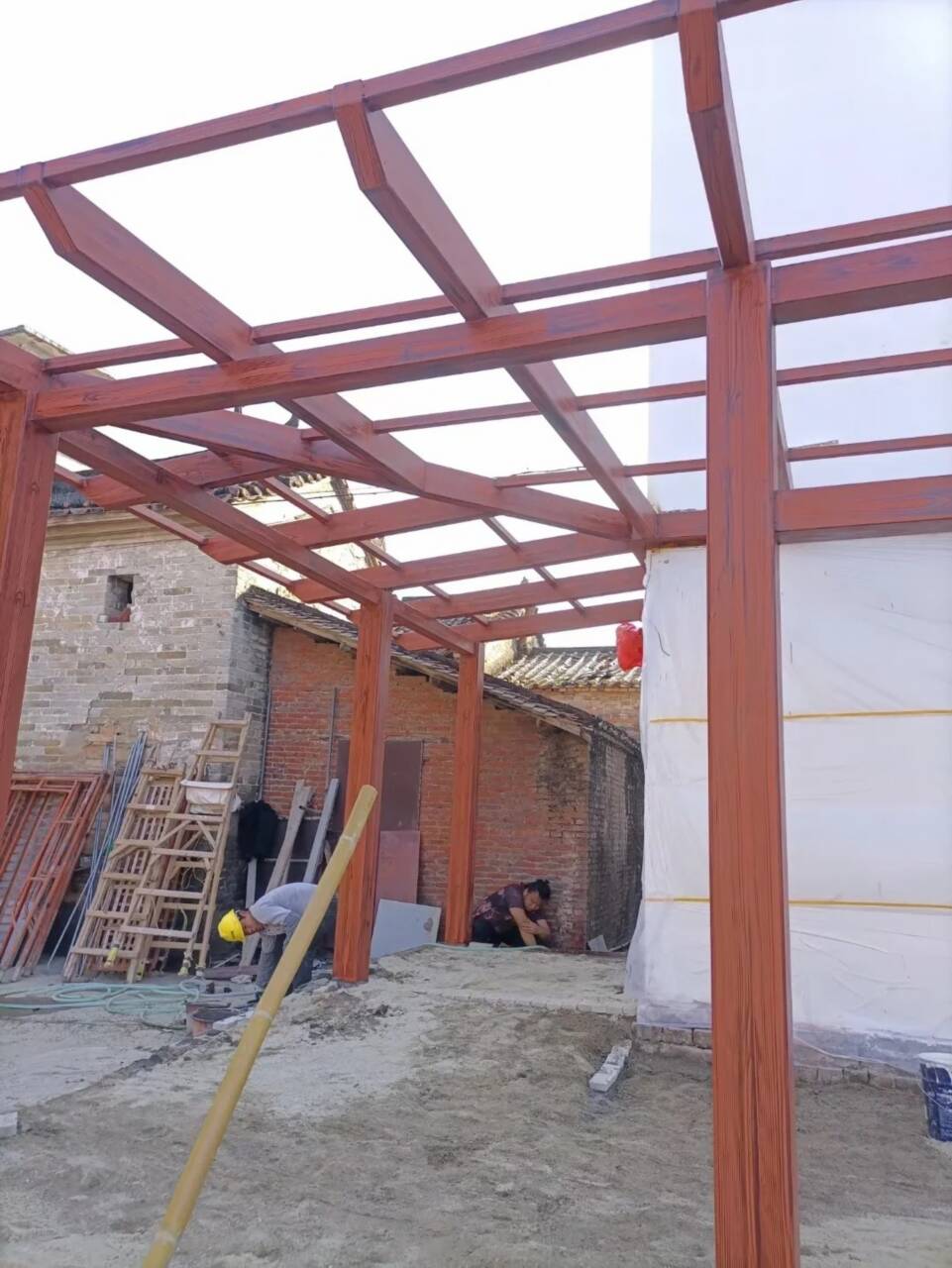 云南方钢圆管木纹漆全包施工价格#不锈钢#长廊花架#廊架护栏